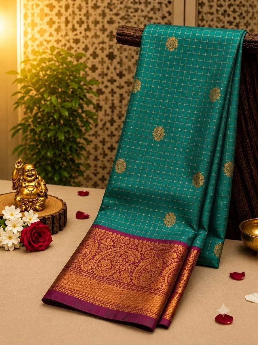 Checked Silk-Blend Soft Silk Rich Contrast Saree